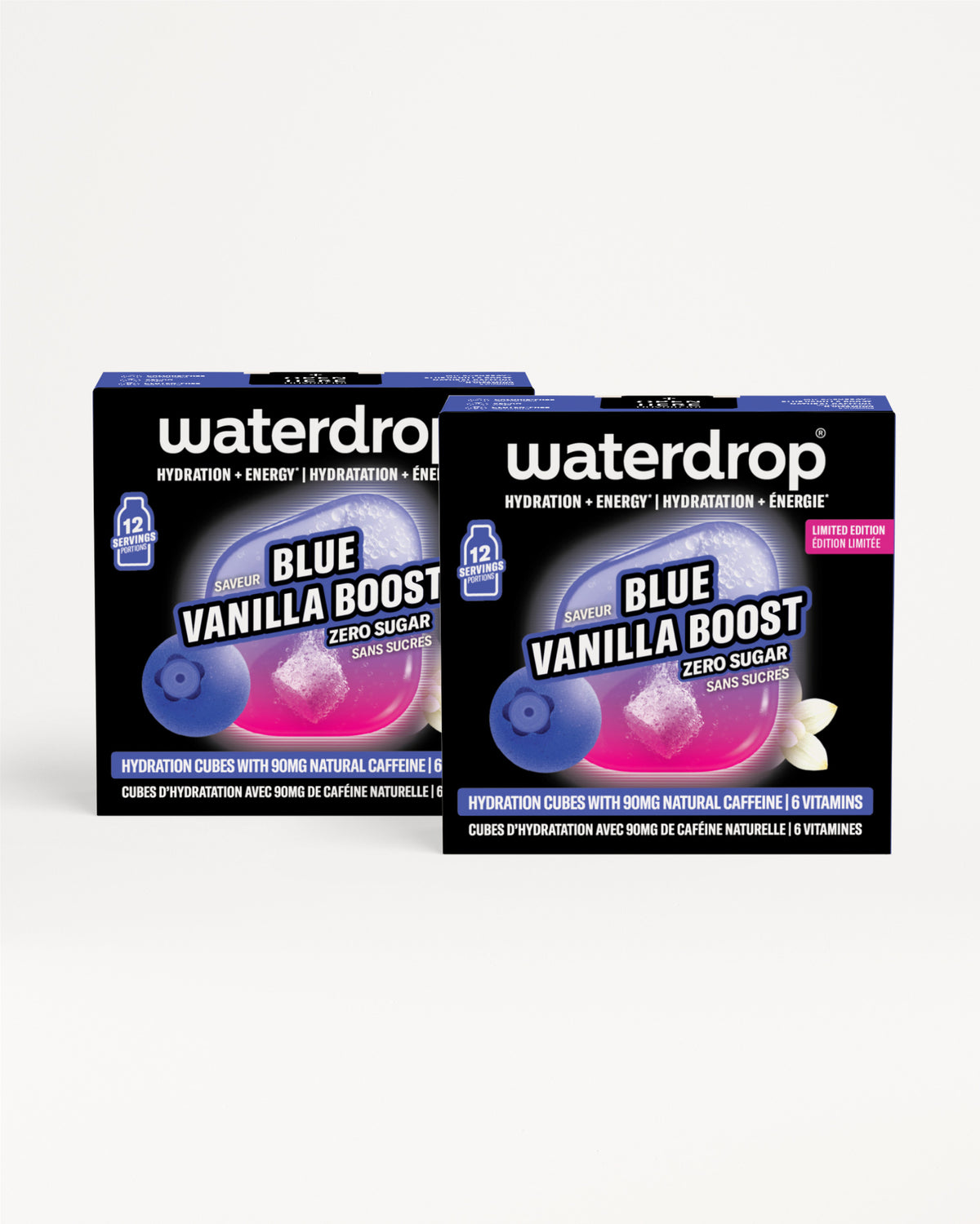 Zwei blaue Blue Vanilla Boost Hydration-Würfelboxen vor weißem Hintergrund.