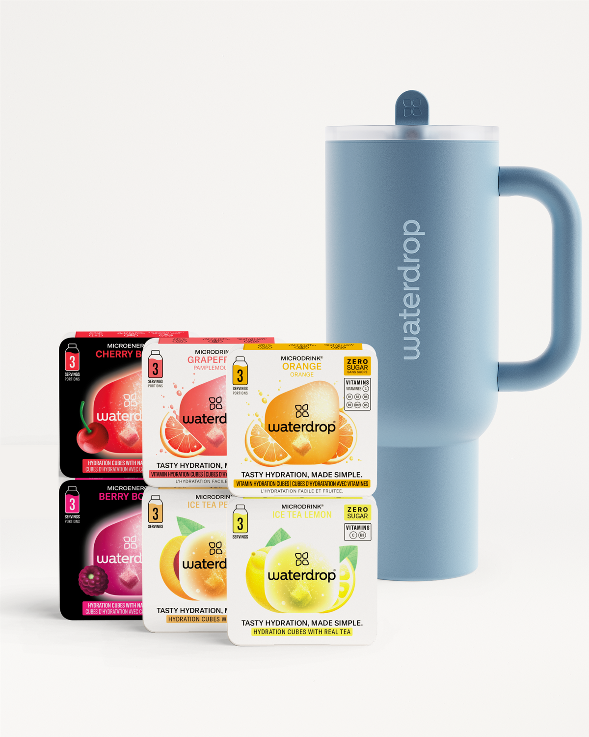 Starter Set Explorer Thermo Tumbler mit Wasserwürfeln in sechs Sorten.