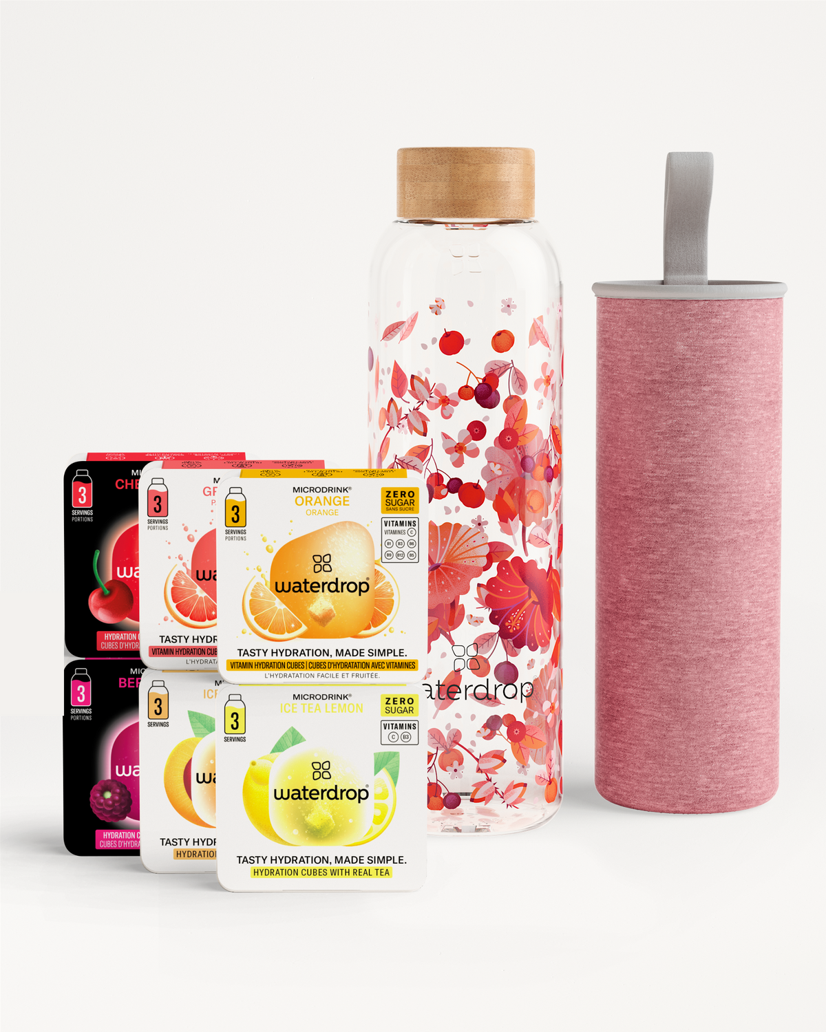 Starter Set Glass: Wasserflasche mit 6 Microdrink-Geschmackssorten.