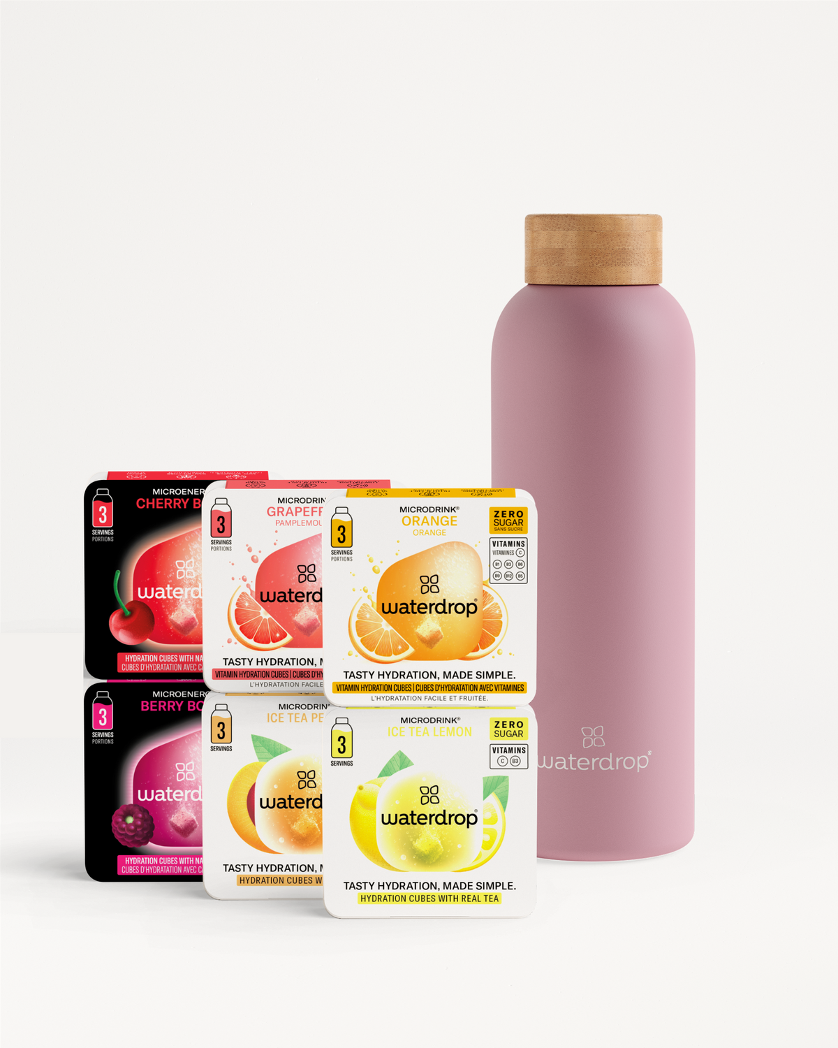 Starter Set Microdrink Thermo Steel with reusable bottle and 6 hydration cubes.
