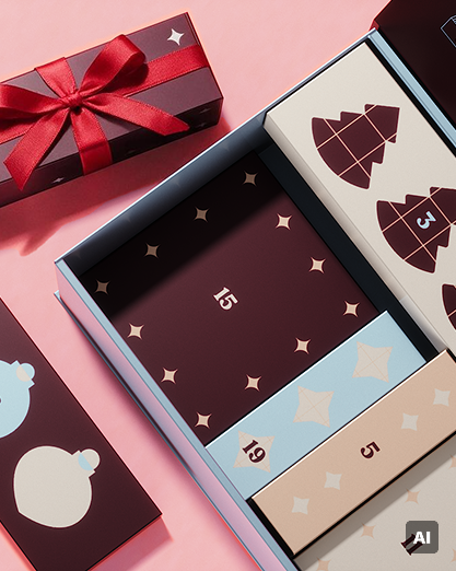 Offenes Adventskalender mit mehreren beschrifteten Türen und festlichen Motiven auf pastellfarbenen Tafeln, neben Geschenkboxen auf rosa Hintergrund.