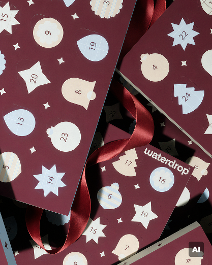 Adventskalender mit nummerierten Türen und roten Bändern.