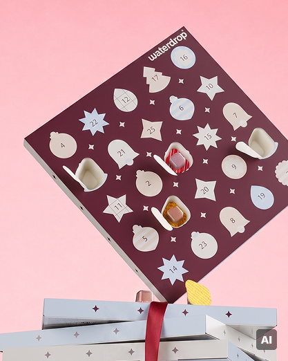 Adventskalender mit nummerierten weißen Türen auf einem lilafarbenen Quadrat über verpackten Geschenken vor rosa Hintergrund.