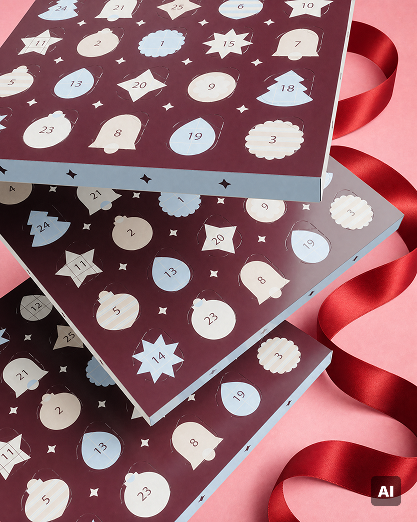 Gestapelte blaue Adventskalender mit nummerierten runden Fenstern und Sternmotiven, mit roter Schleife auf rosafarbem Hintergrund.