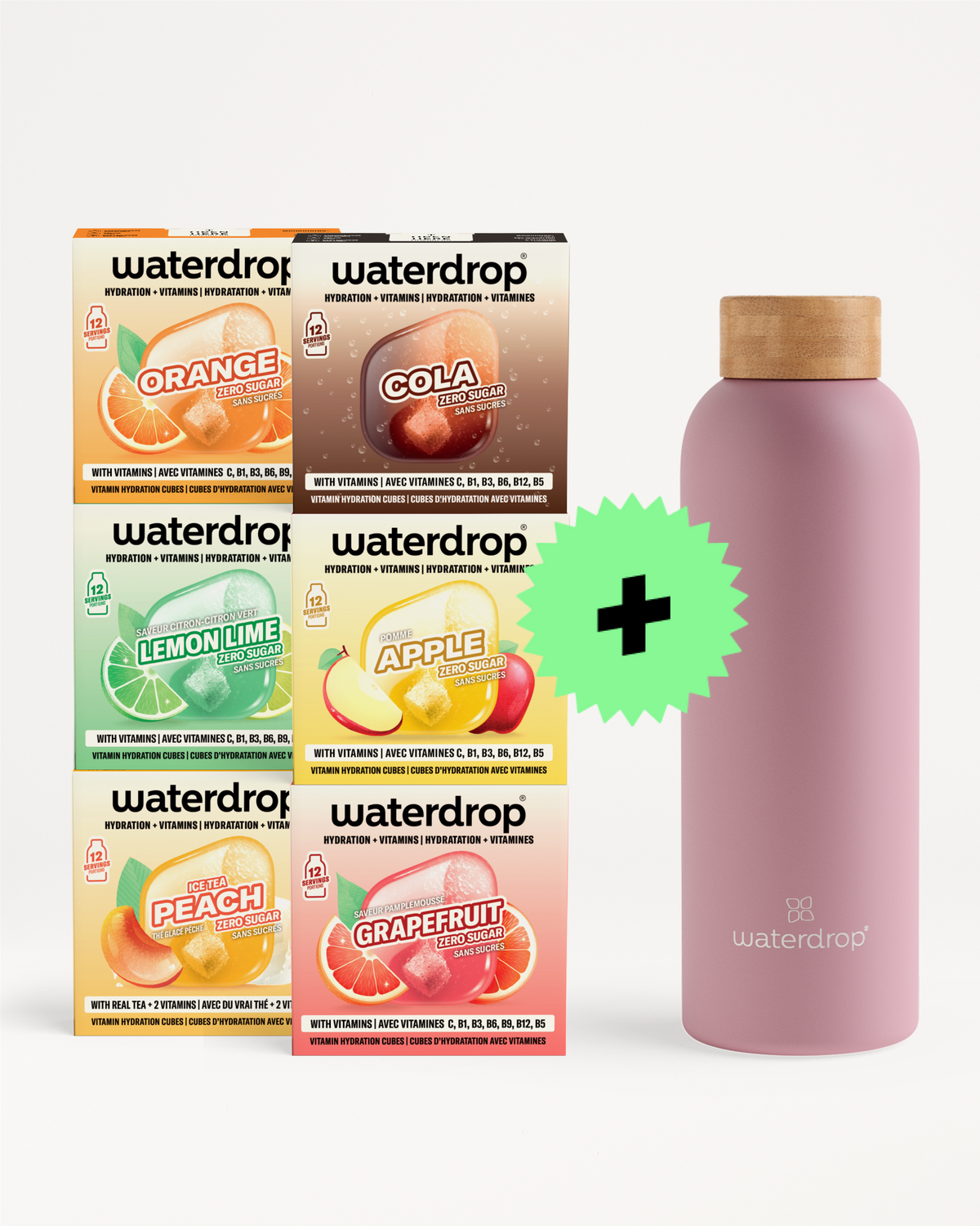Sechs Waterdrop Getränkekartons neben einer pinkfarbenen Flasche mit grünem Pluszeichen, Hinweis auf Paket.